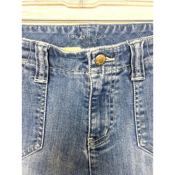 London Jeans Women’s 12 Blue Patchwork Flare low rise Distressed Denim Jeans - Picture 6 of 8